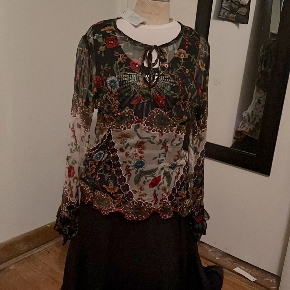 BoHo, sheer patchwork sequin blouse L NWT